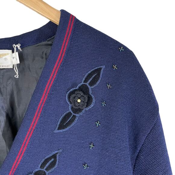 Vintage Women's Wool Coat Jacket Beaded Embroidered Floral Blue Floral Jinju - Picture 5 of 9